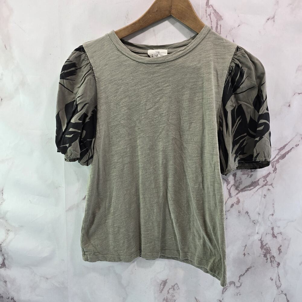Anthropologie T Shirt Womens Small Green Black Puff Short Sleeve Crew Neck Tla